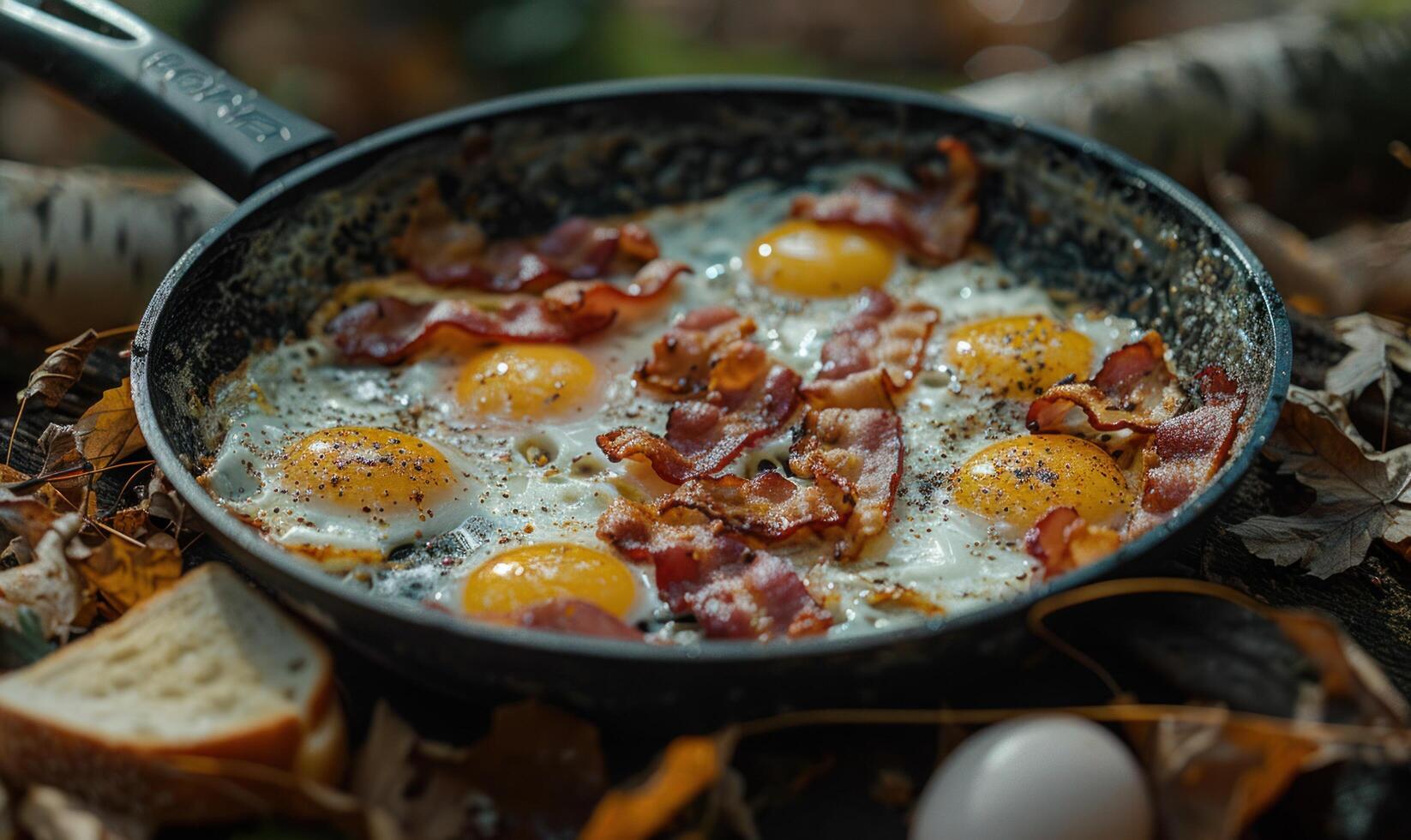 AI generated a skillet showing bacon, eggs and toast photo