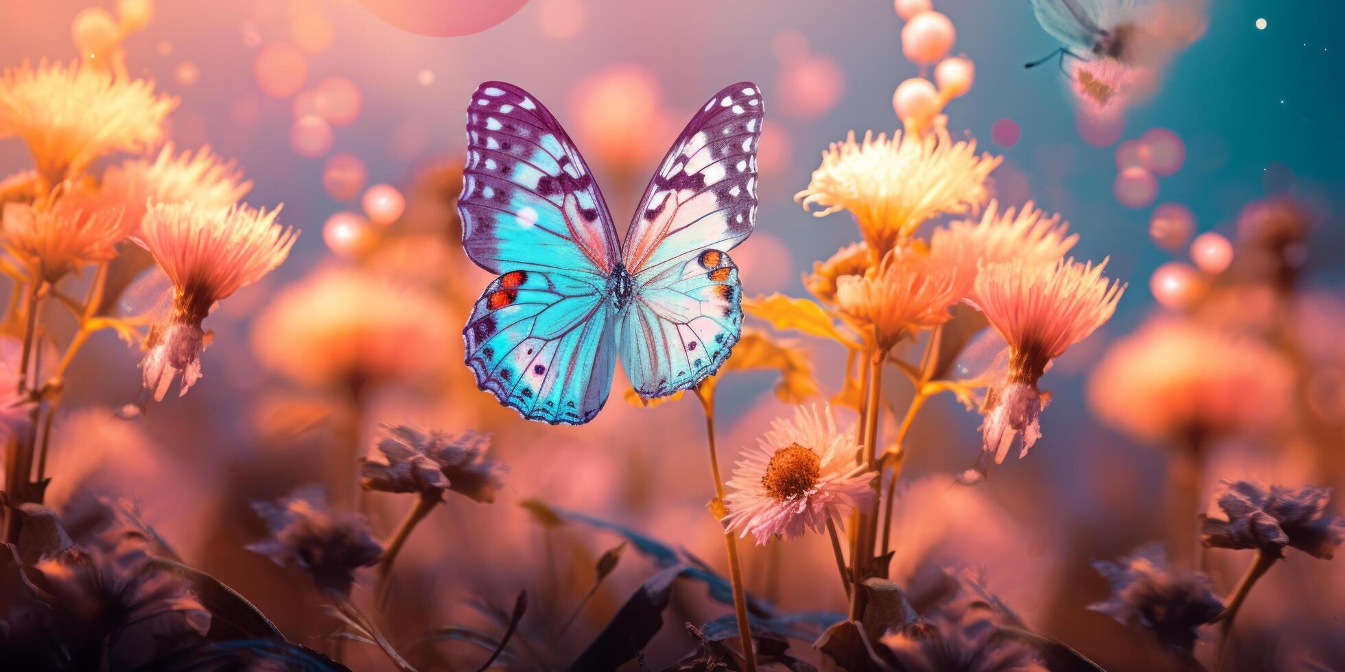 AI generated butterfly looking through flowers at sunset, and sunbeams photo