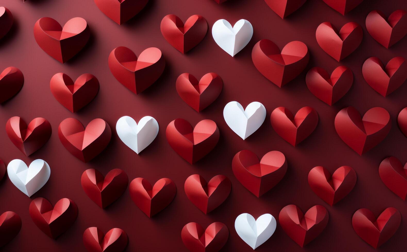 AI generated Several paper heart shapes arranged on a red background, creating a simple yet impactful visual photo