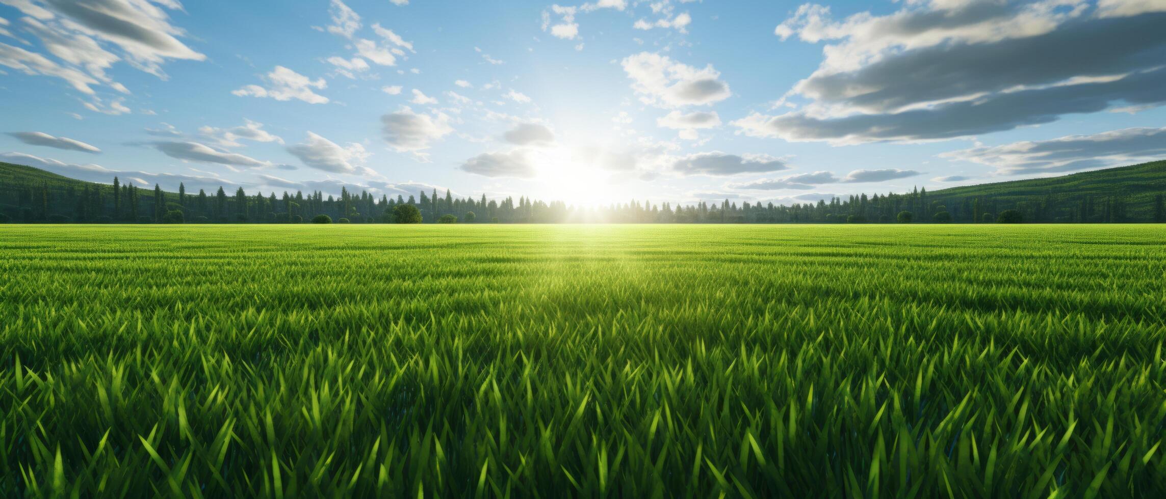 AI generated green grass field with sun rays near the end photo