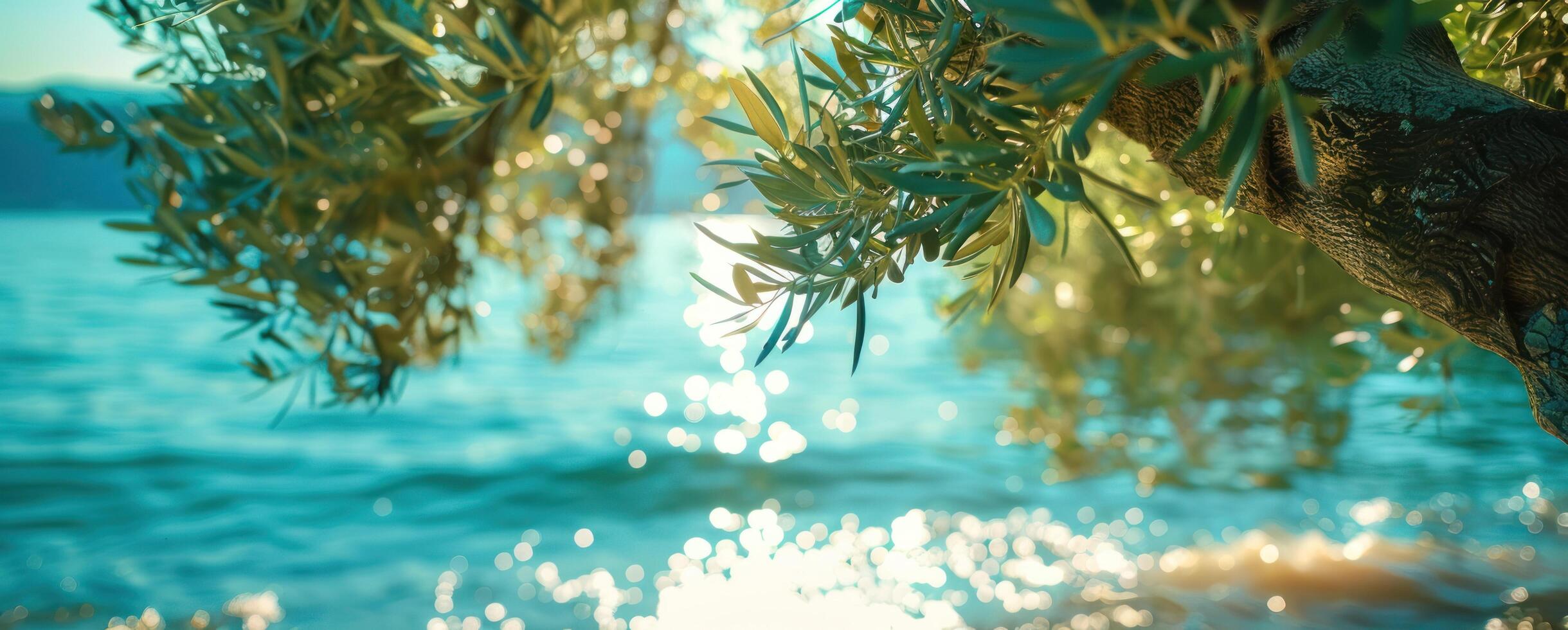 AI generated olive branch hangs between a tree and the ocean photo