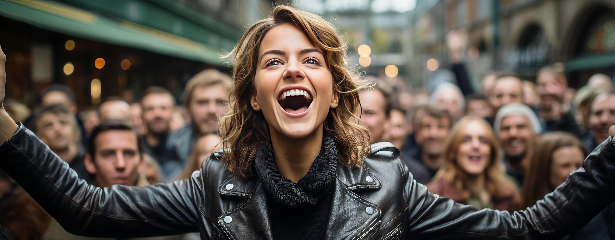 AI generated A woman in a leather jacket stands out in a crowd photo