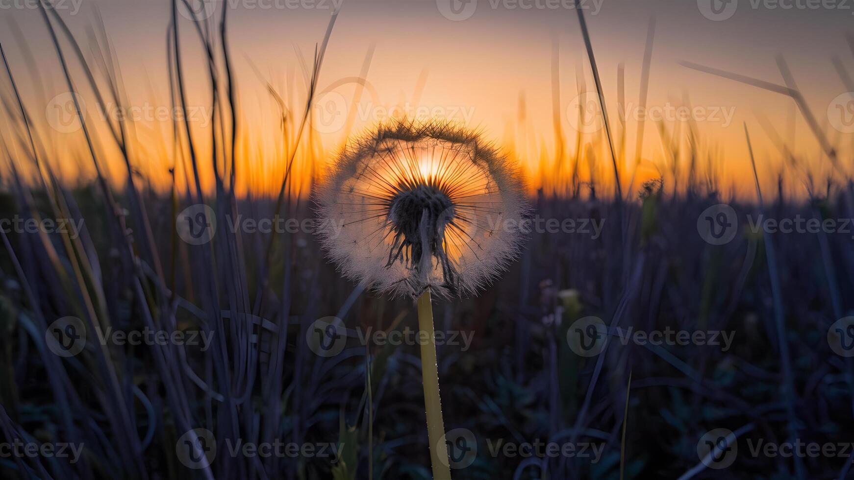 ai generado seco campo a puesta de sol proporciona fondo para solitario diente de león foto