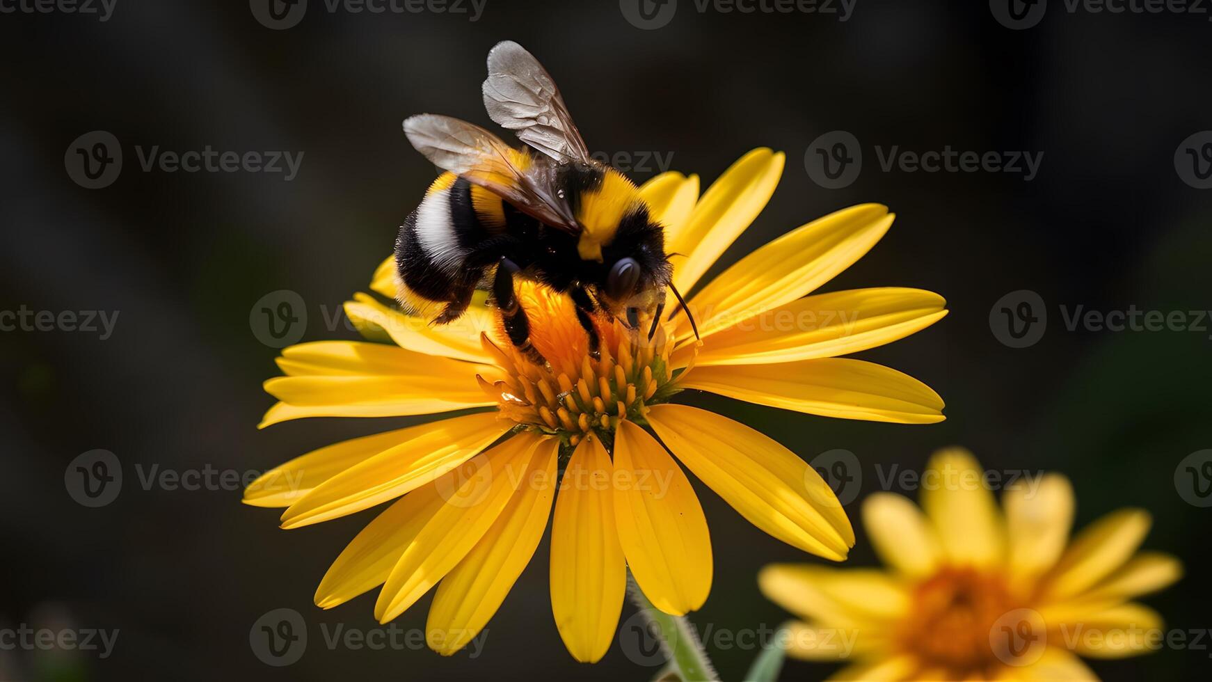 AI generated Spring concept with bumblebee on yellow flower against dark background photo