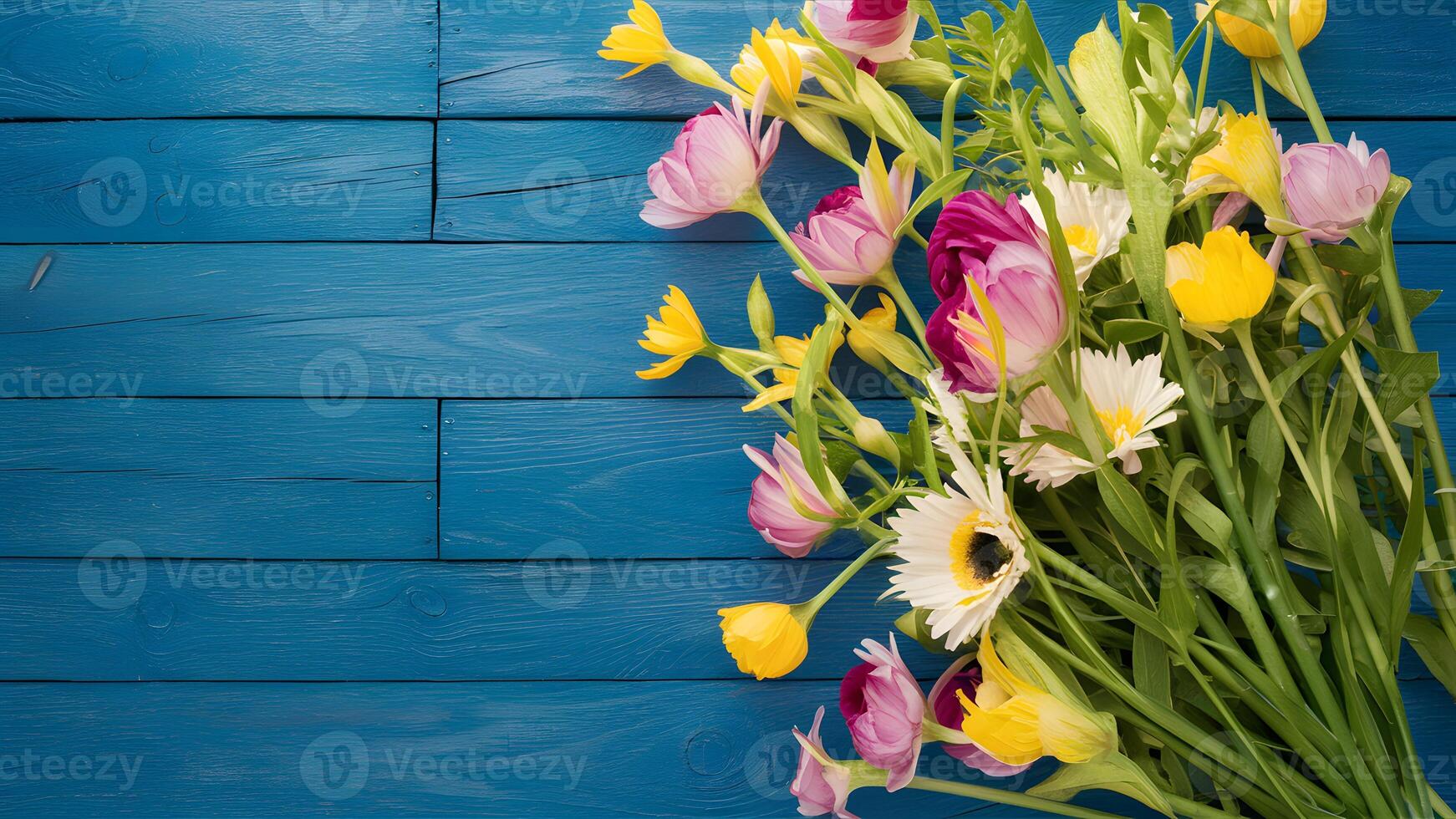 AI generated StockImage Spring background with rustic flowers on blue wooden table photo