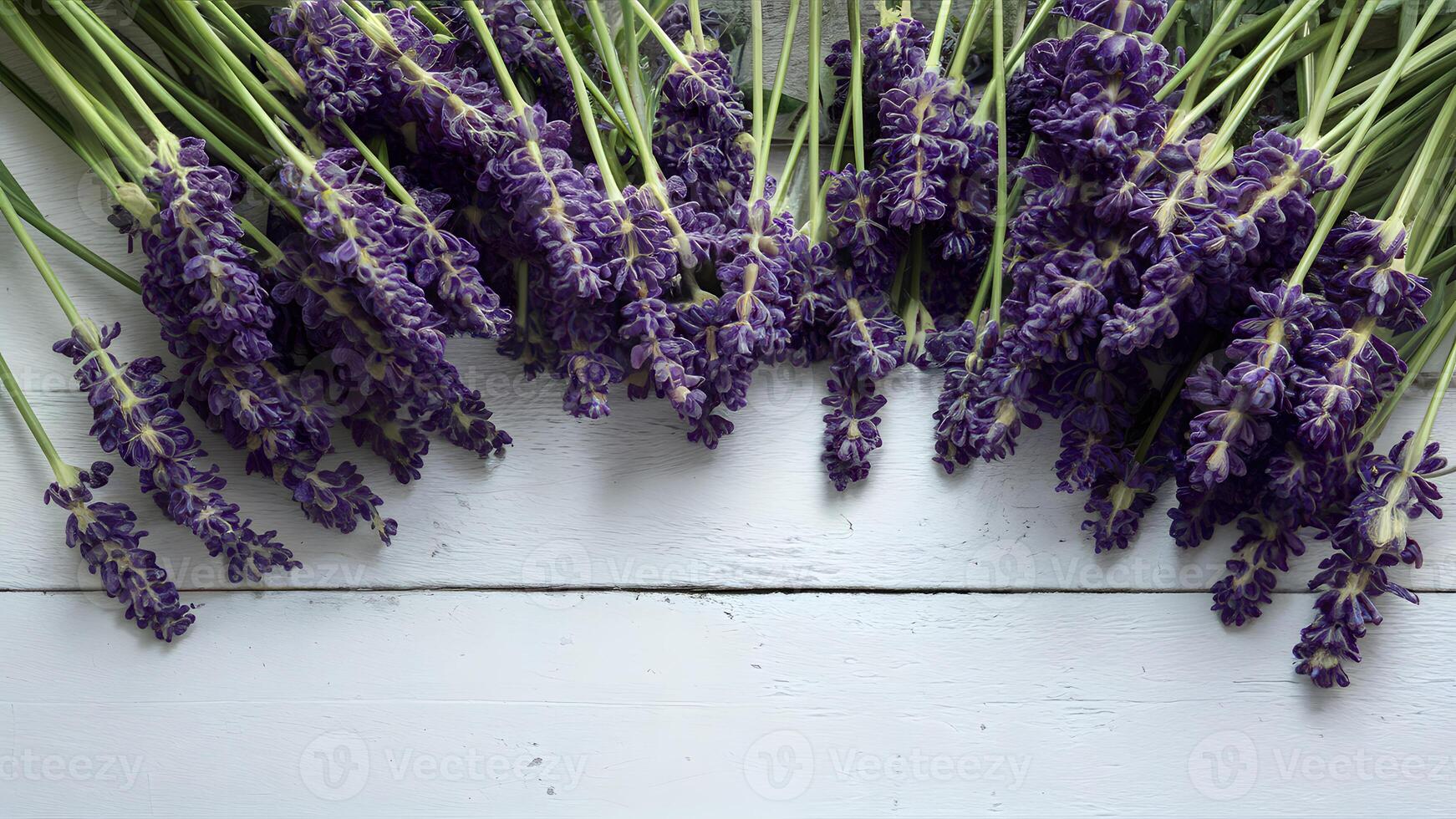 AI generated Img Top view of lavender flowers on white wooden table photo