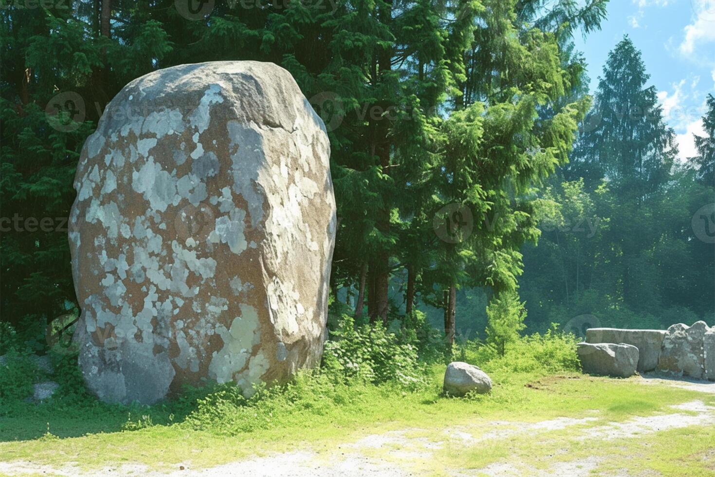 AI generated Giant gray stone boulder rests beside a column amidst green trees photo