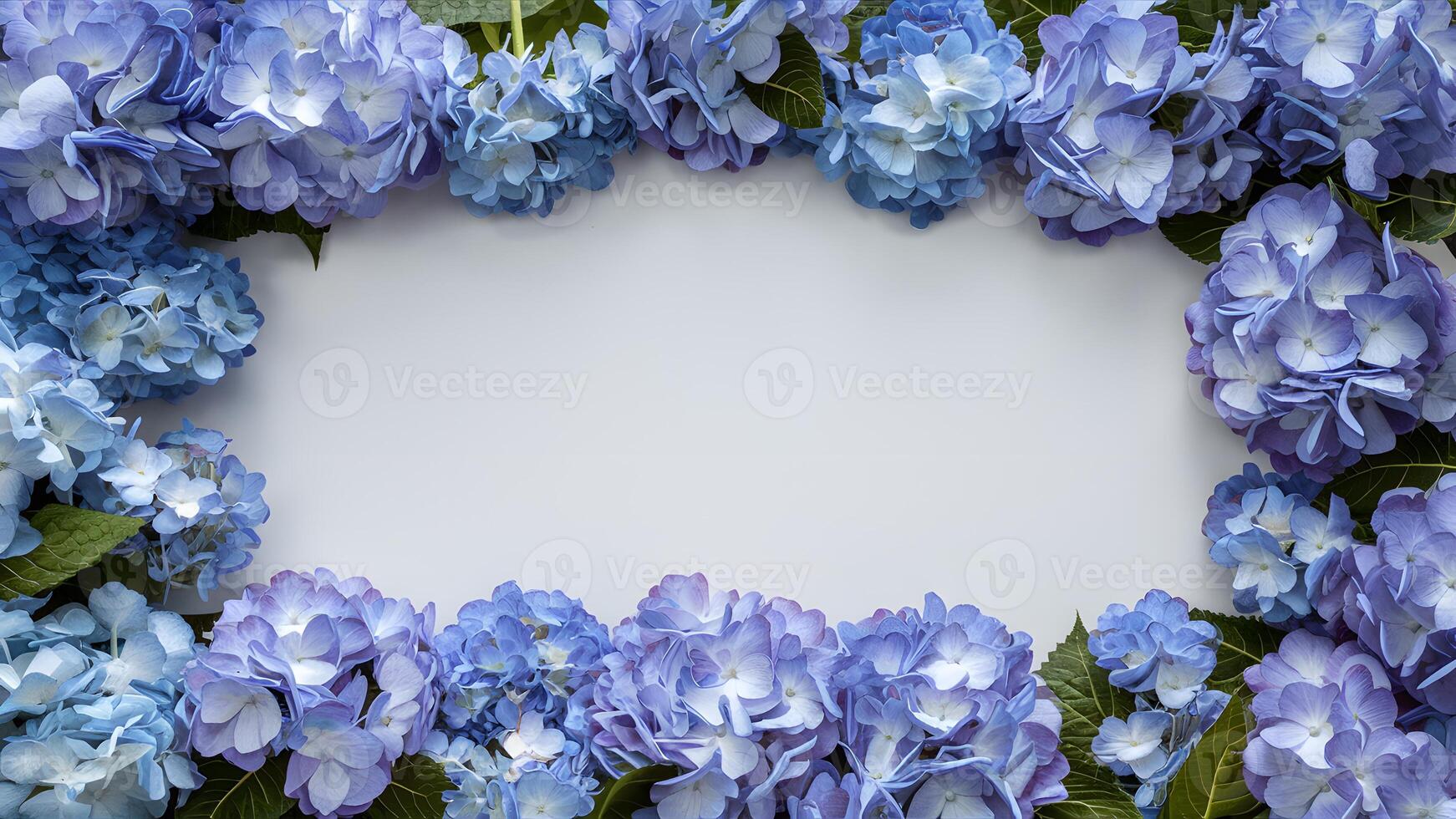 AI generated Flower border frame of blue hydrangea flowers on white background photo