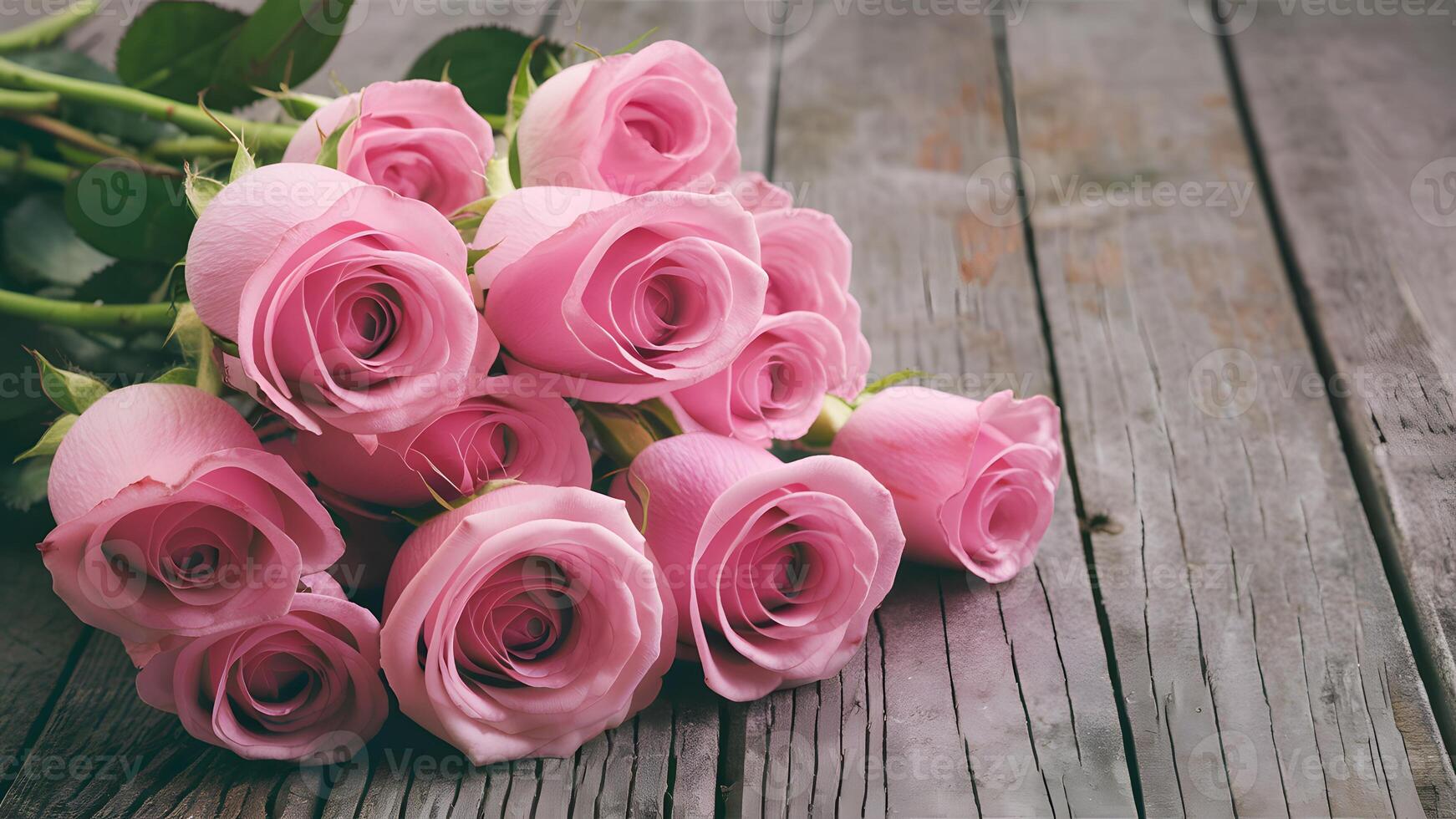 AI generated Image Valentines Day background with pink roses over wooden table photo