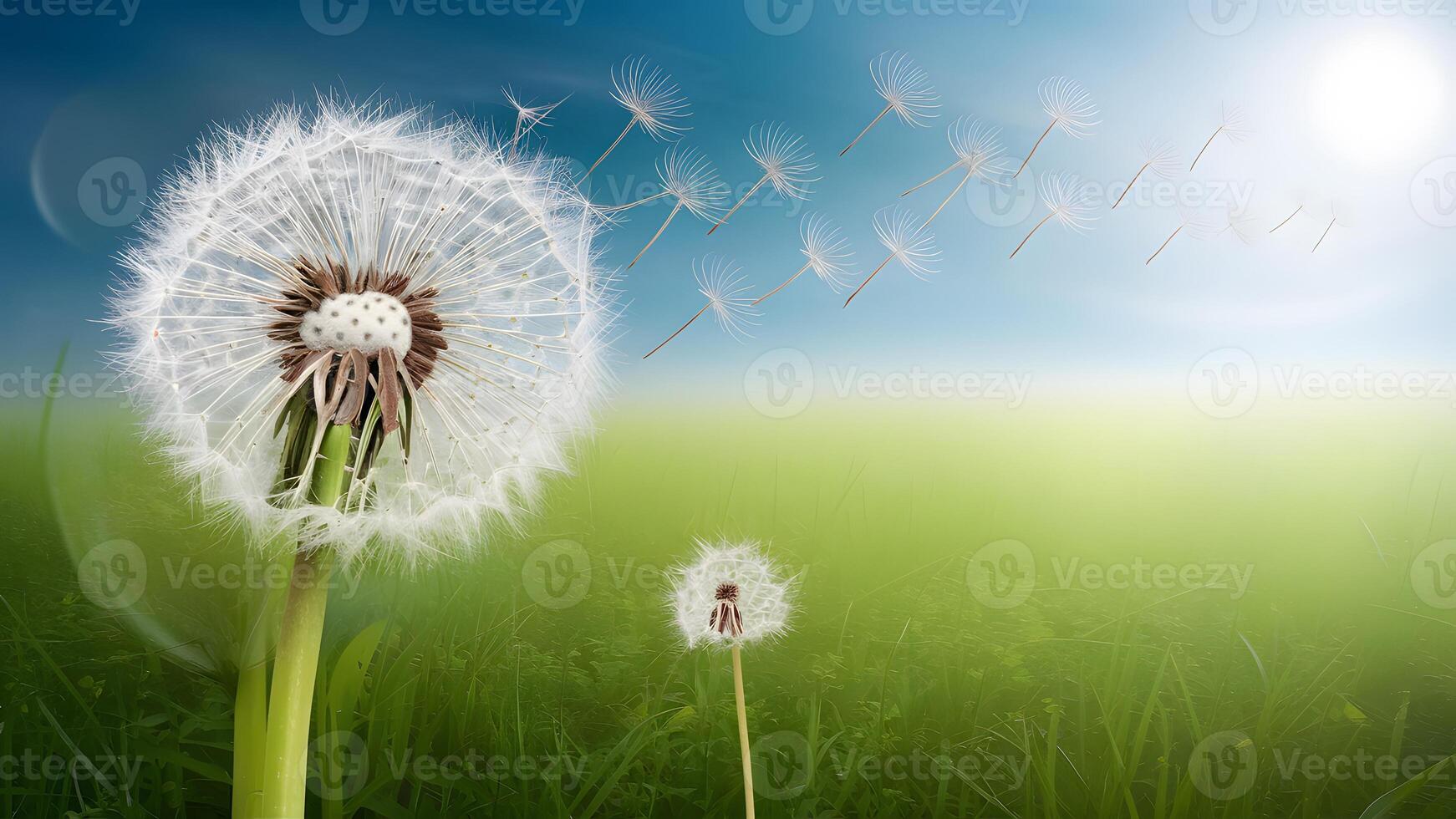 AI generated Seeds of dandelion clock blowing away in morning sun photo