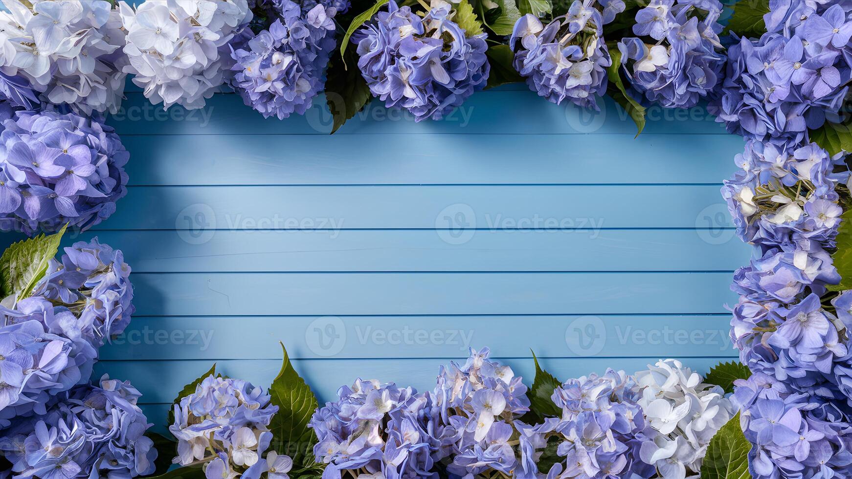 AI generated Blue hydrangea flowers arranged as floral border frame photo