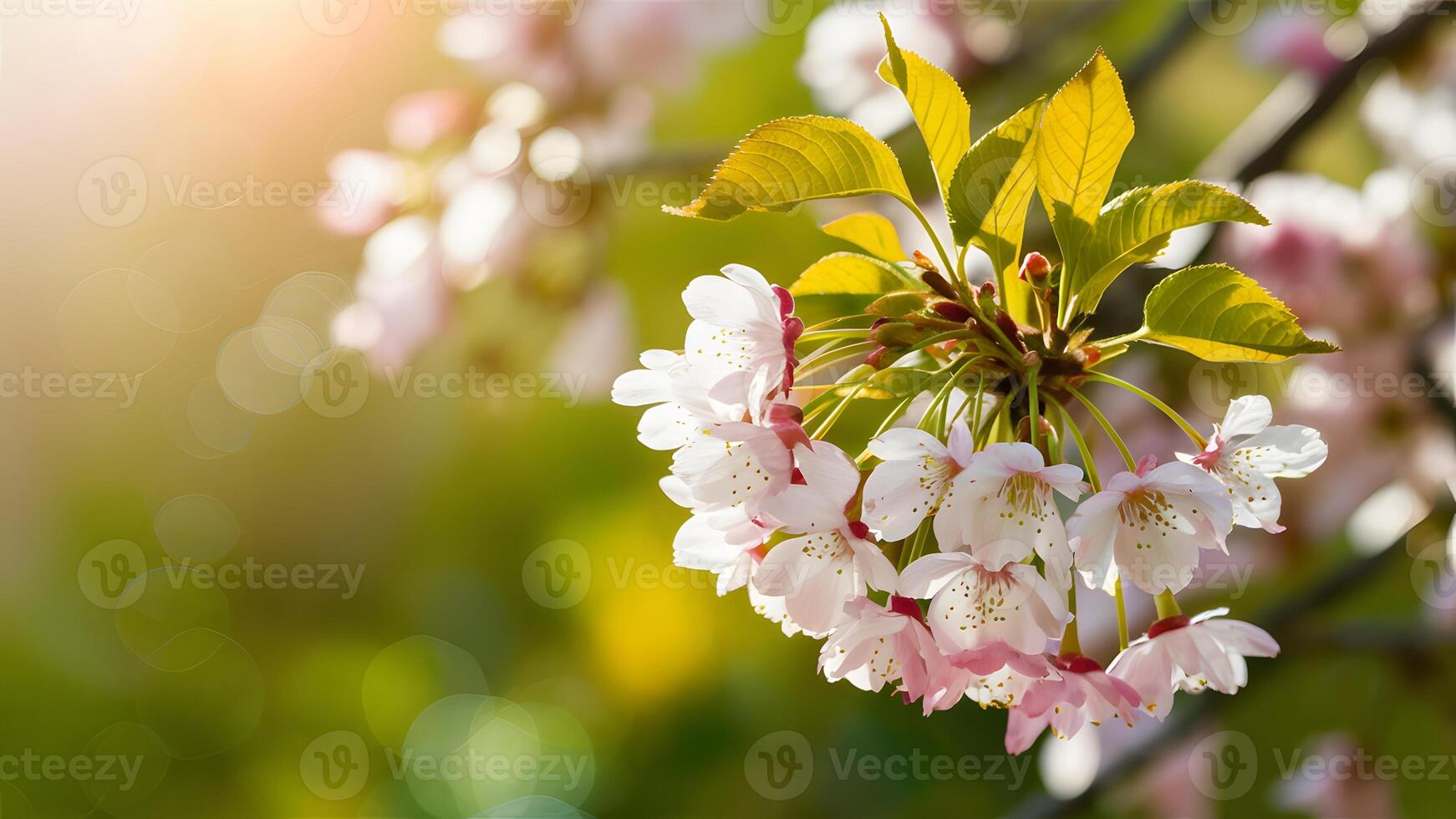 AI generated Springtime cherry blossom with green leaves, sun light bokeh photo