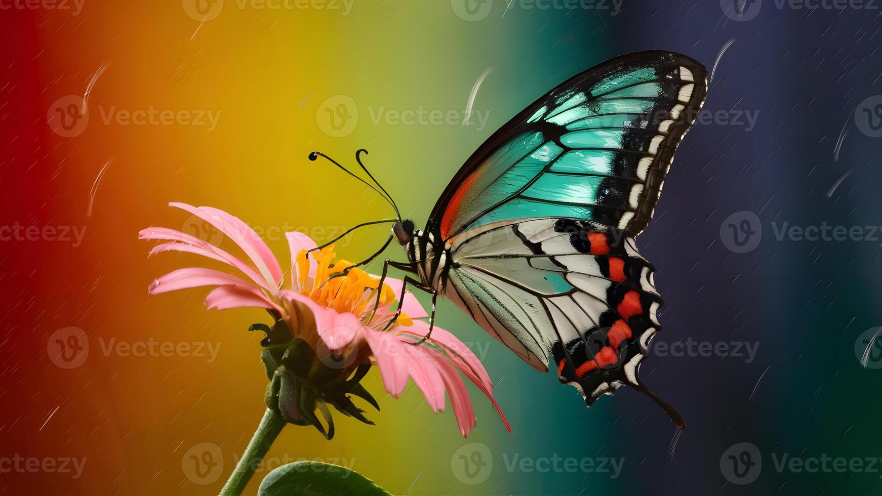 AI generated Rain soaked butterfly perches on flower against colored backdrop photo