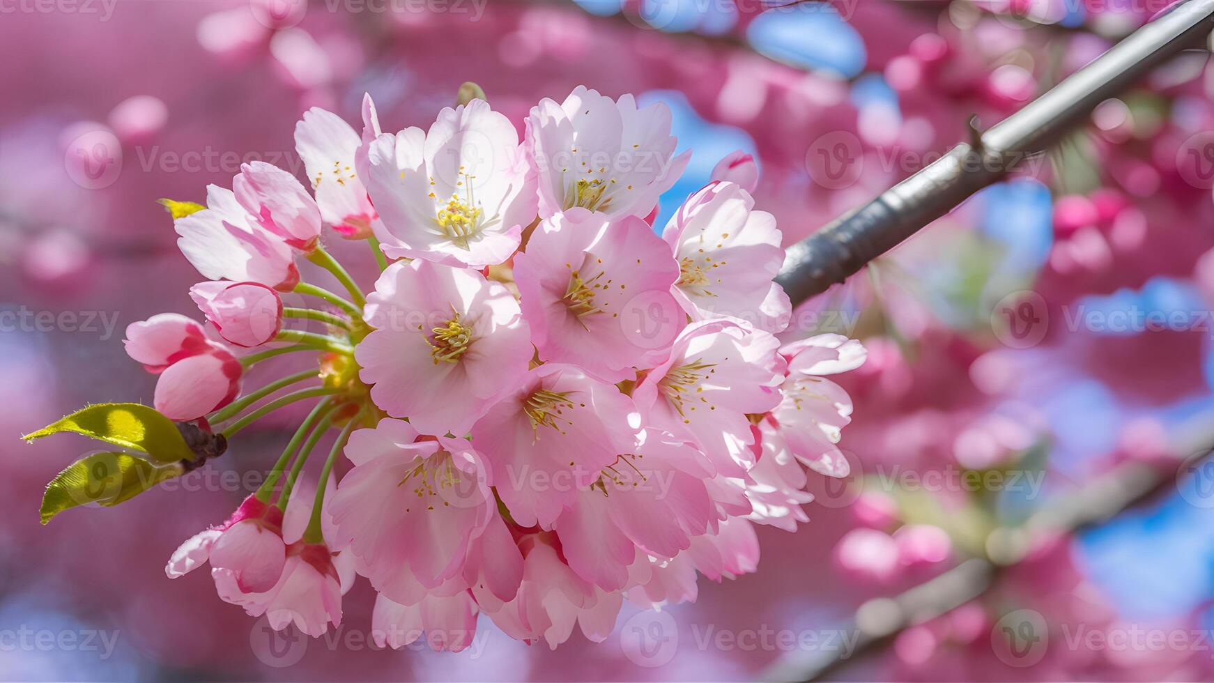 AI generated Capture Close up of cherry blossom tree in pink bloom background photo