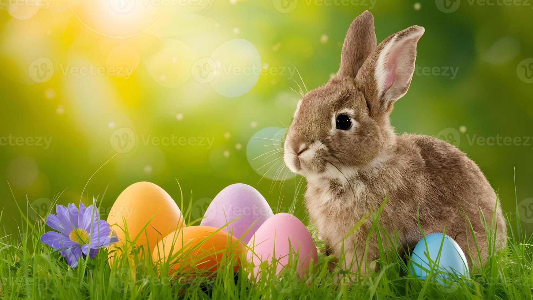 AI generated StockImage Sunny Easter background with bunny, eggs, flowers, grass, and bokeh photo