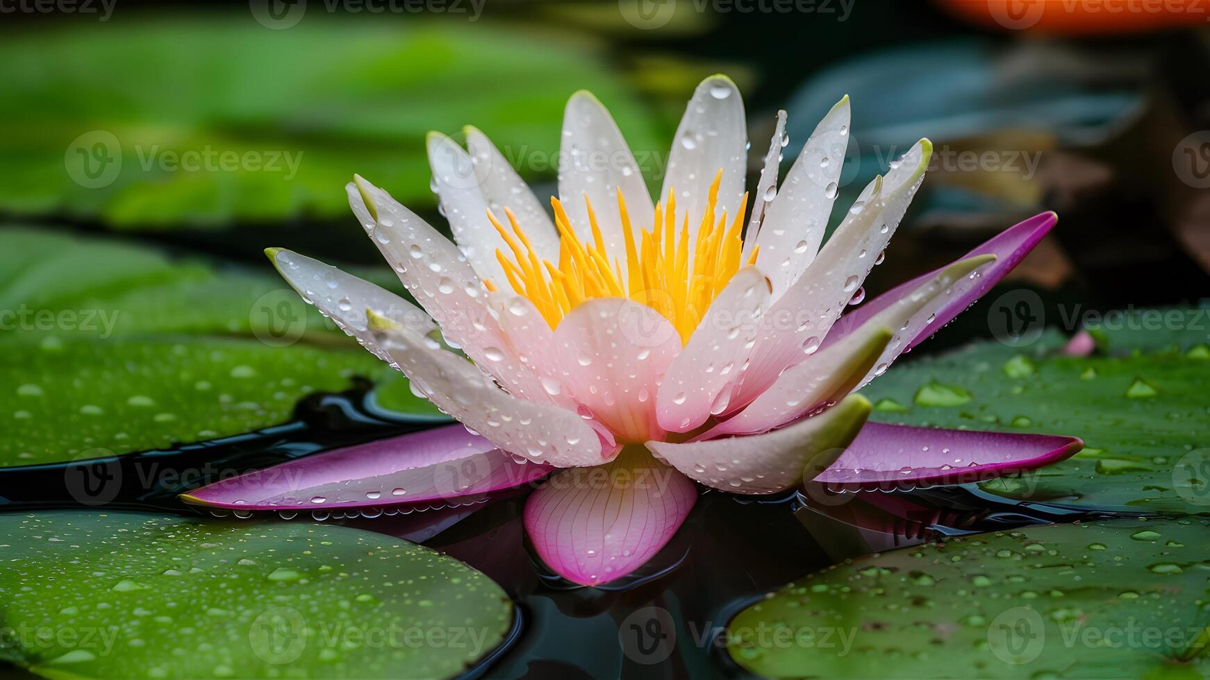 ai generado gotas de lluvia cubierto agua lirio flor en estanque antecedentes foto