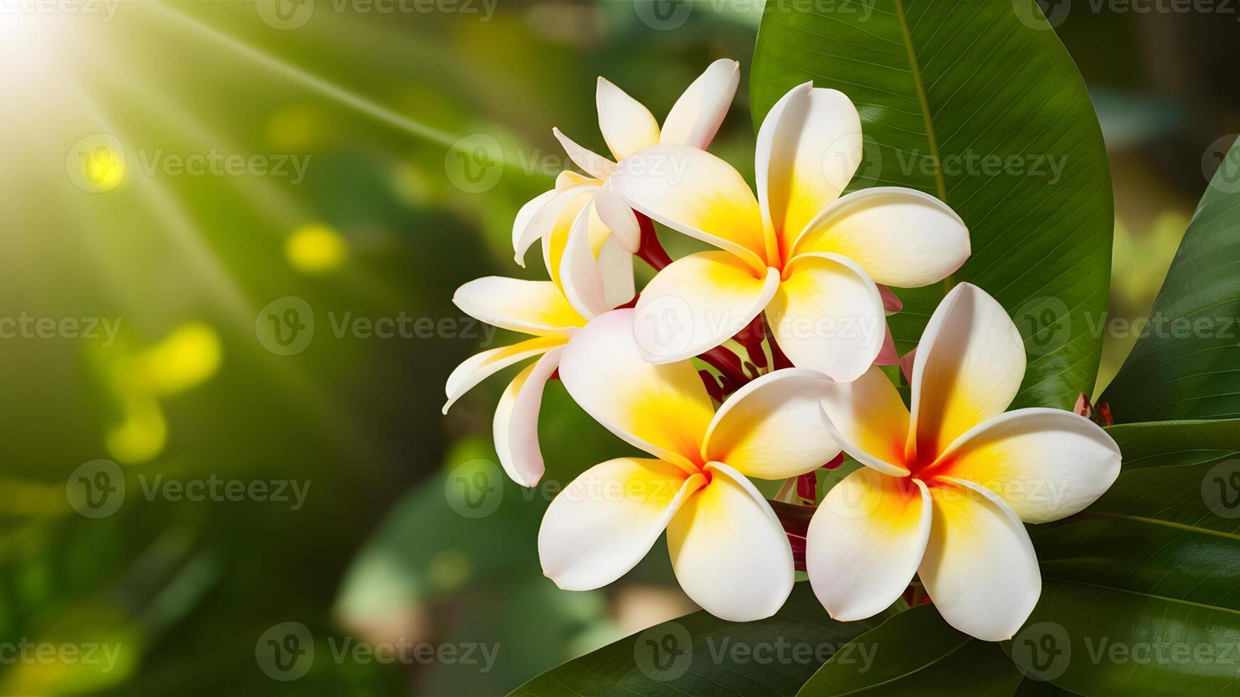 AI generated Banner displays tropical nature background with beautiful frangipani flowers photo