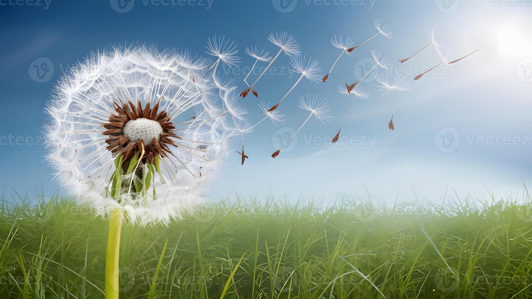 AI generated Seeds of dandelion clock blowing away in morning sun photo