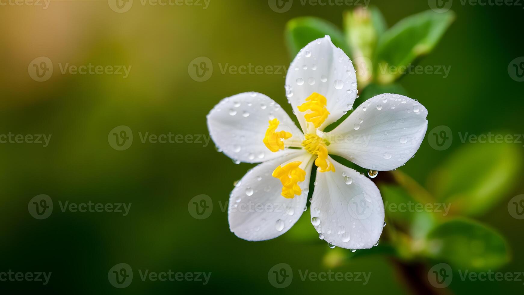 AI generated Jasmine flower with dew drops on blurred green background photo