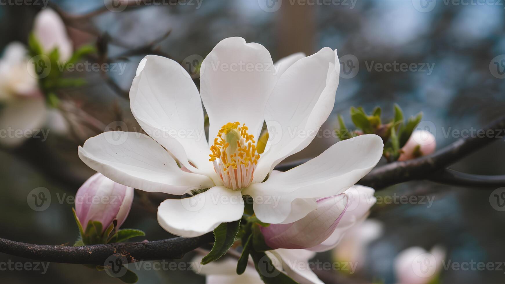 AI generated Close up image of white southern magnolia blossom, Louisiana state flower photo