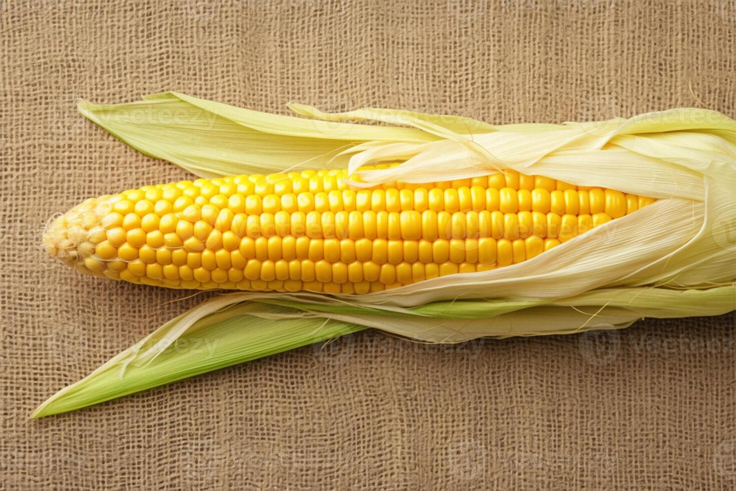 AI generated Single corn cob on brown sackcloth background, viewed from side photo