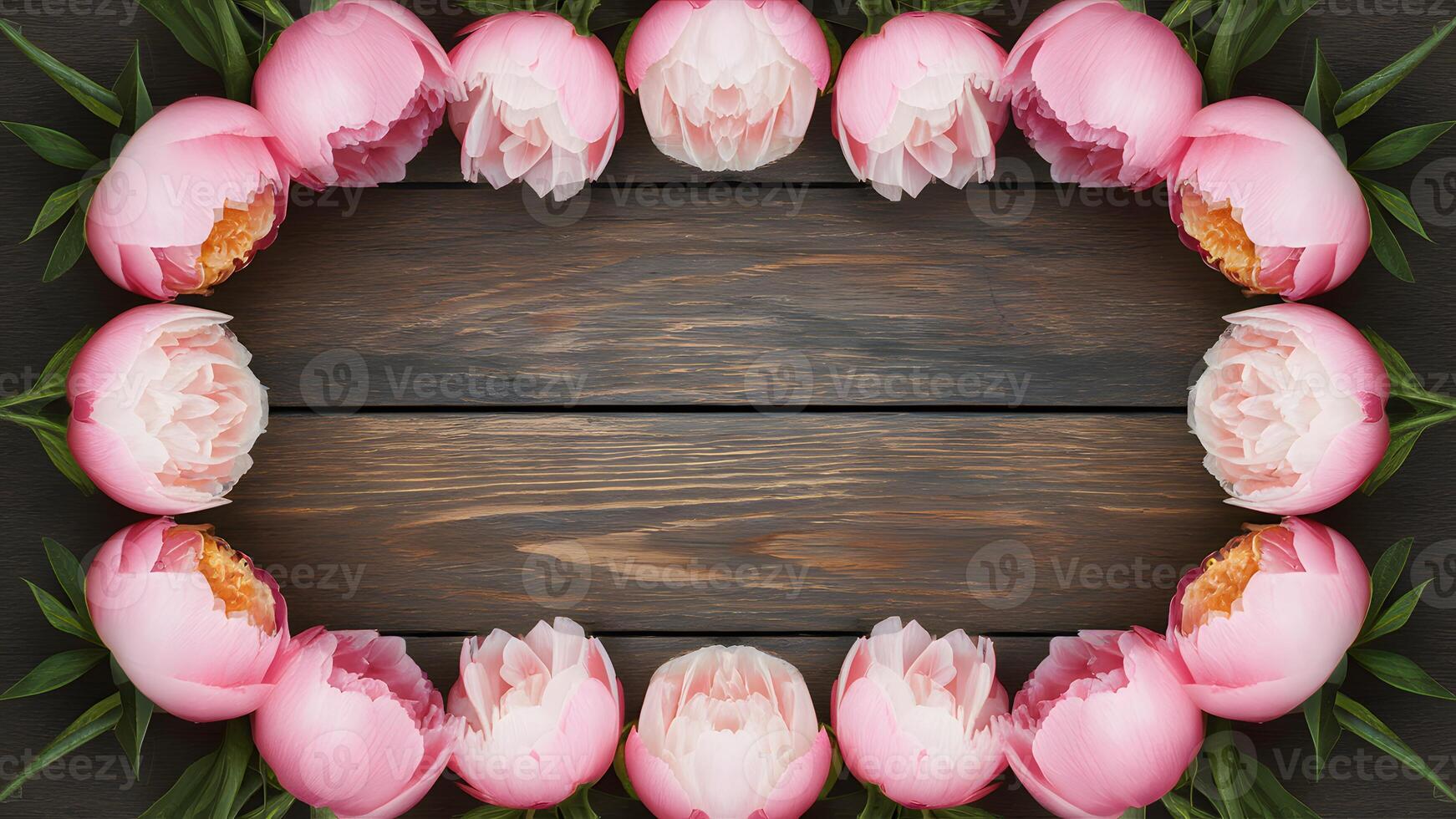 AI generated Floral frame of pink peonies on wooden background, styled photo