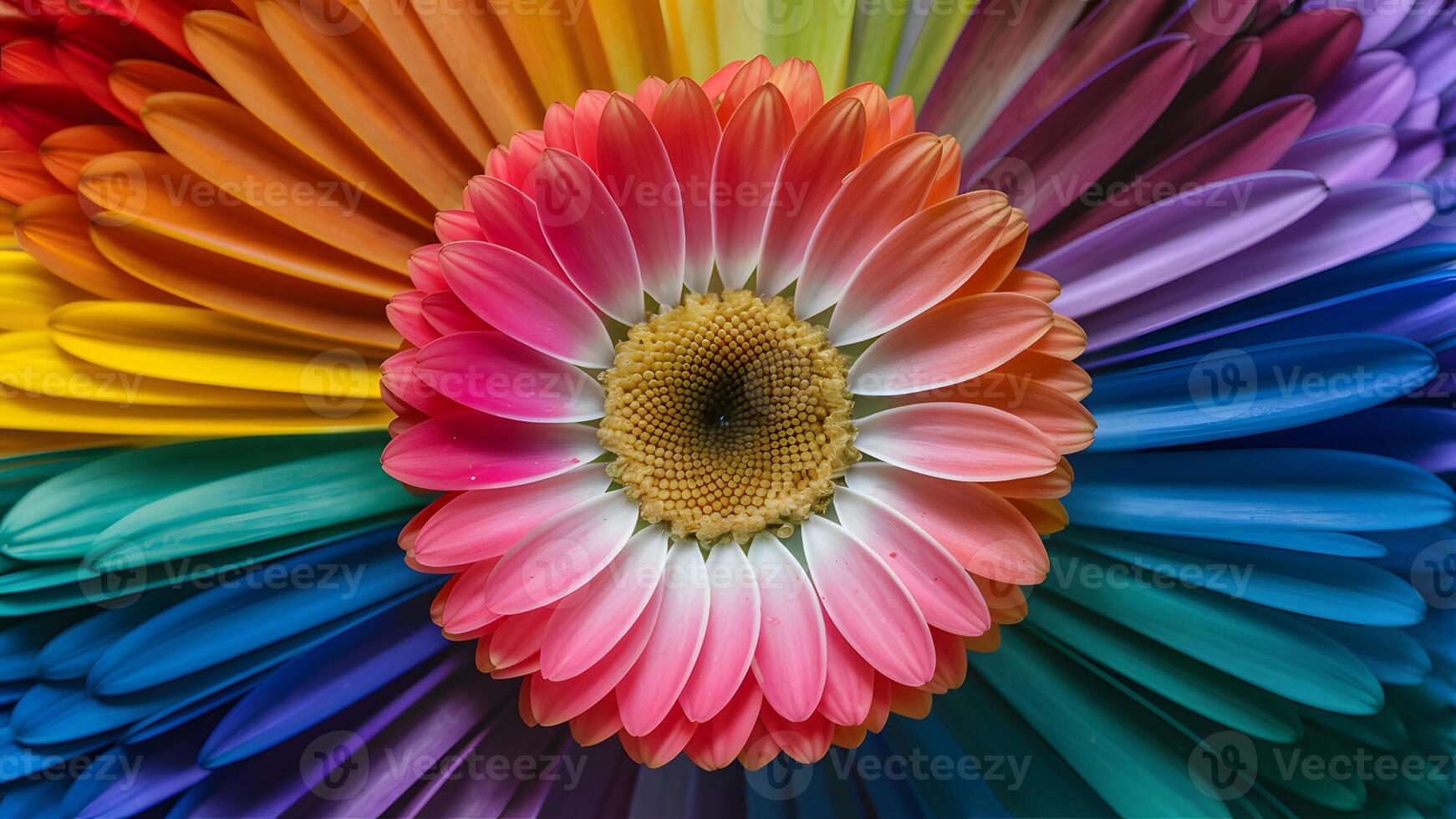AI generated Rainbow colored petals create a vibrant daisy flower spectacle photo