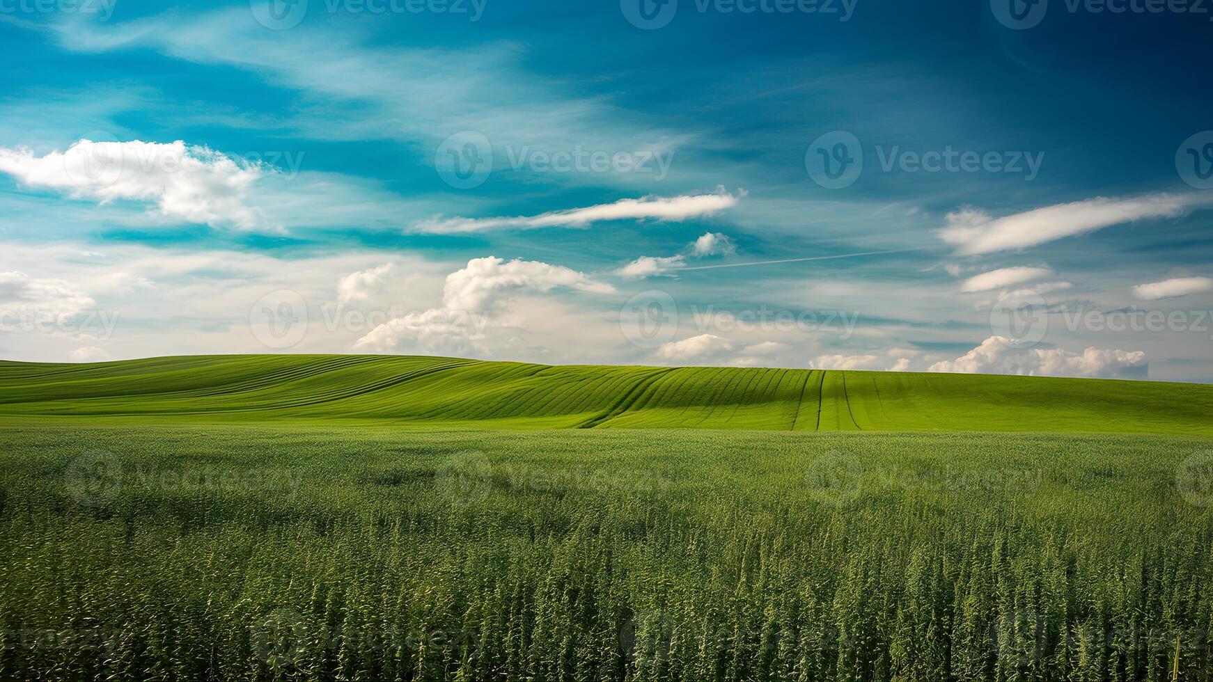 AI generated Blue skies above lush green fields, a serene countryside photo