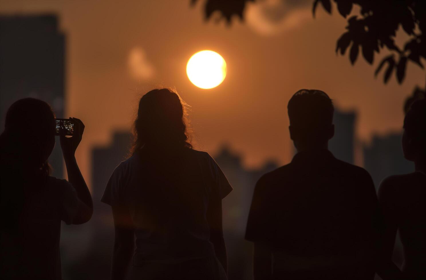 ai generado eclipse observadores a puesta de sol foto