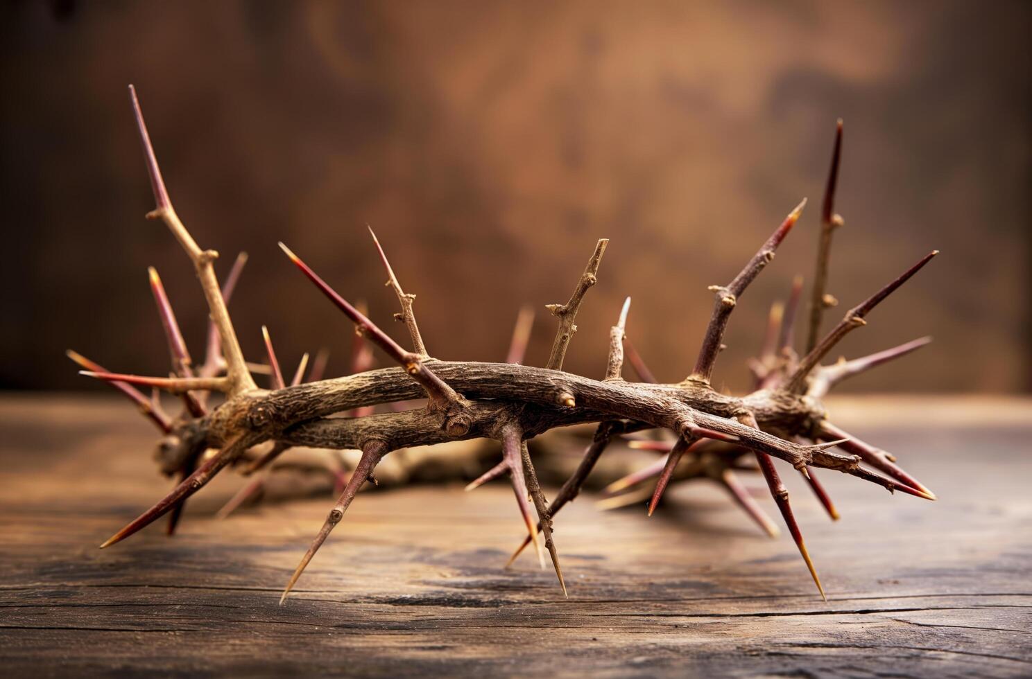 AI generated Crown of thorns on wooden surface photo