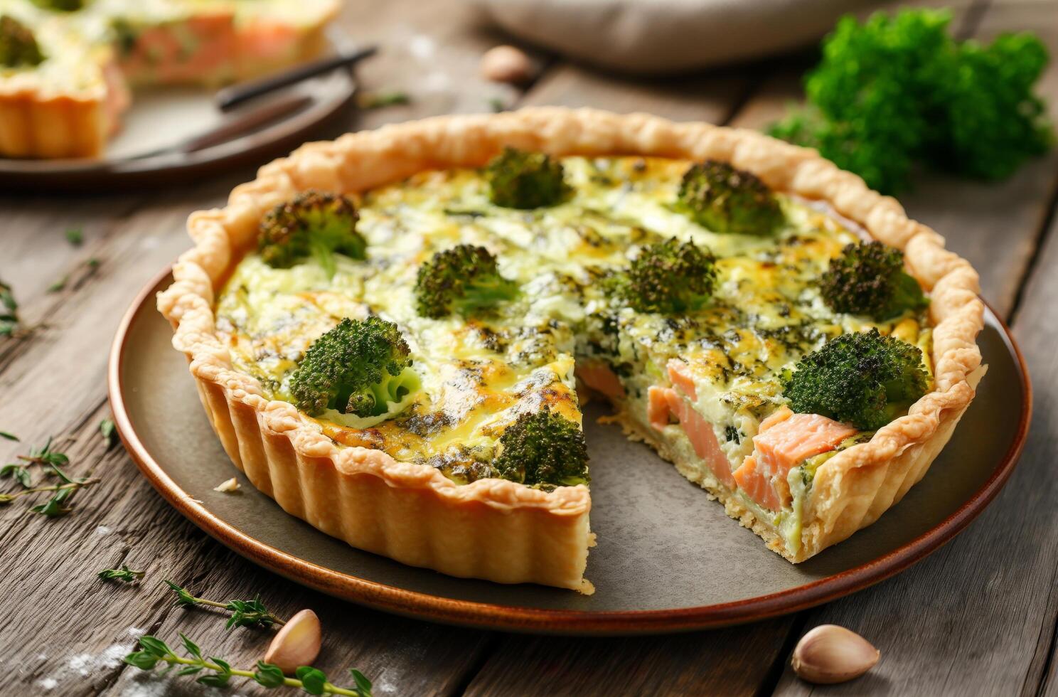 AI generated Broccoli and Salmon custard pie photo