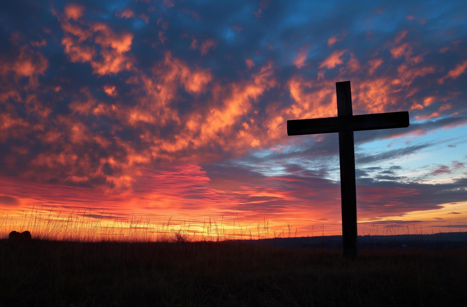 AI generated Silhouette of cross at sunset photo