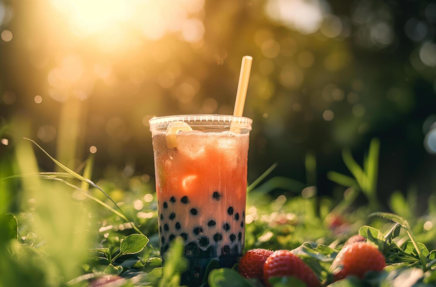 AI generated Strawberry bubble tea outdoors photo