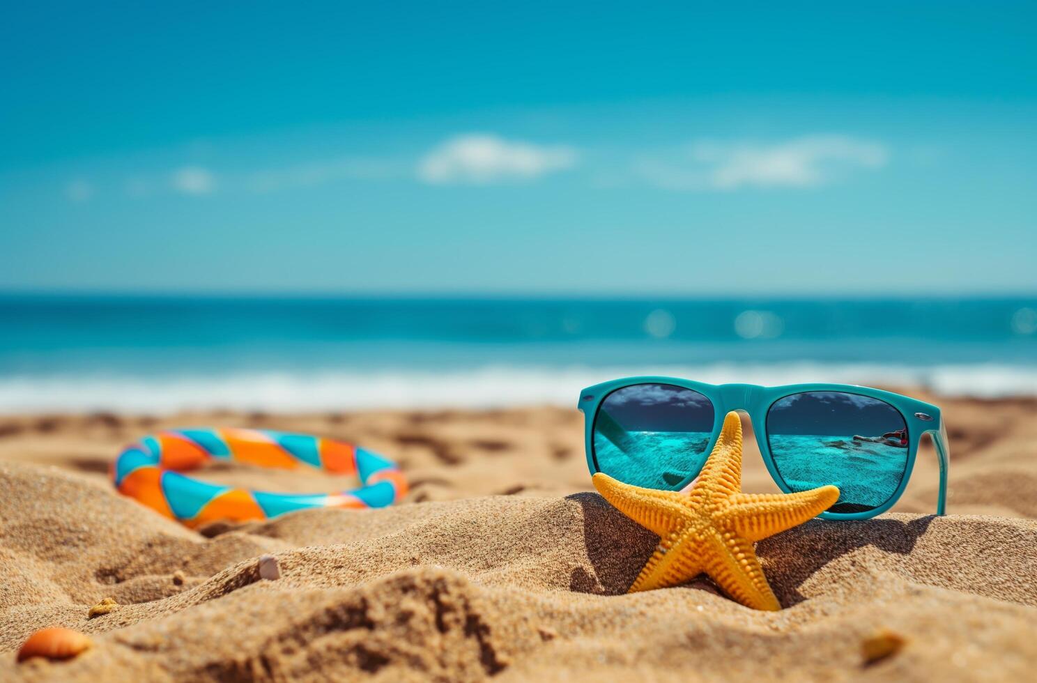 ai generado playa Gafas de sol estrella de mar arena foto