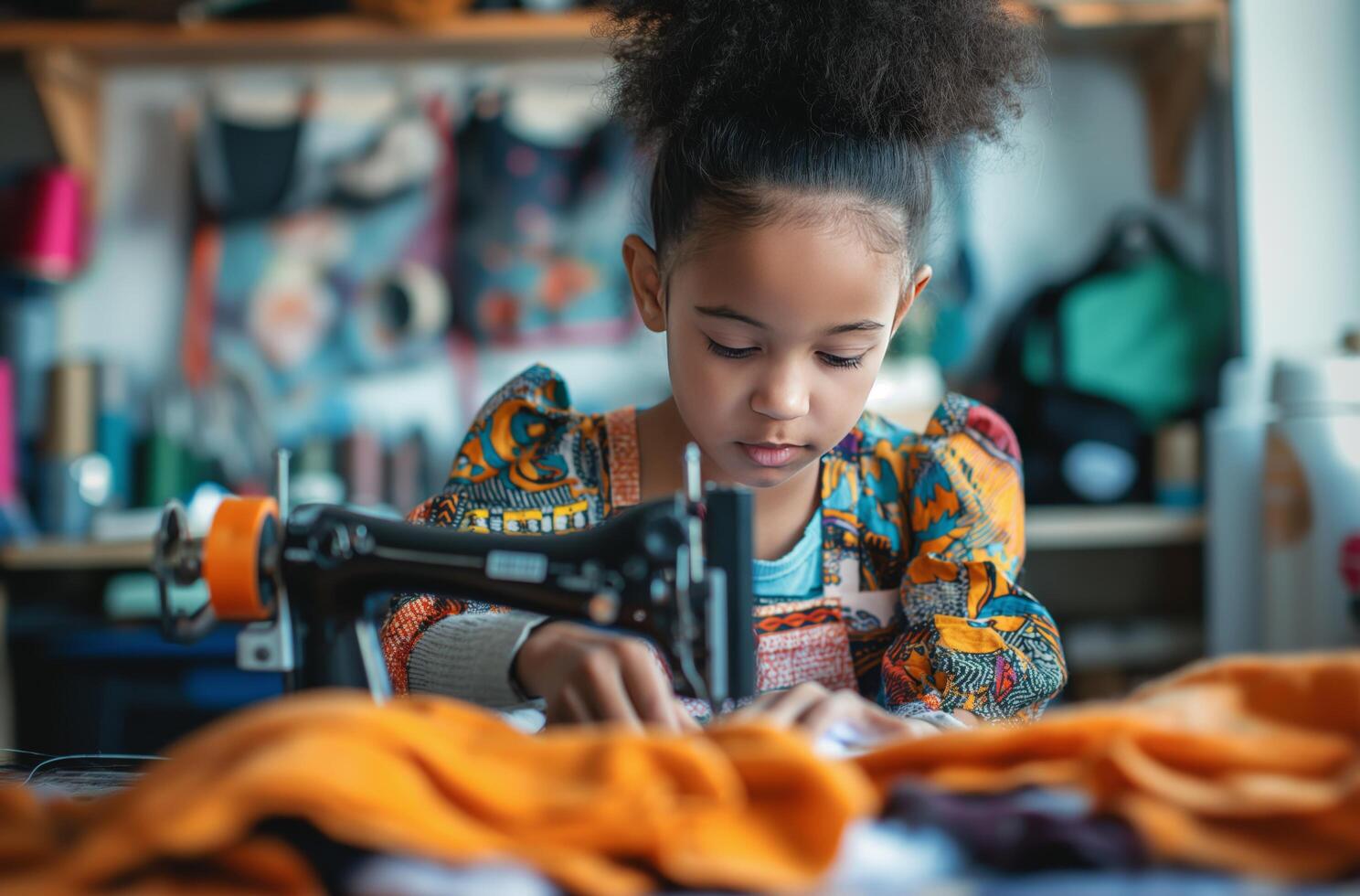 AI generated Focused child sewing photo