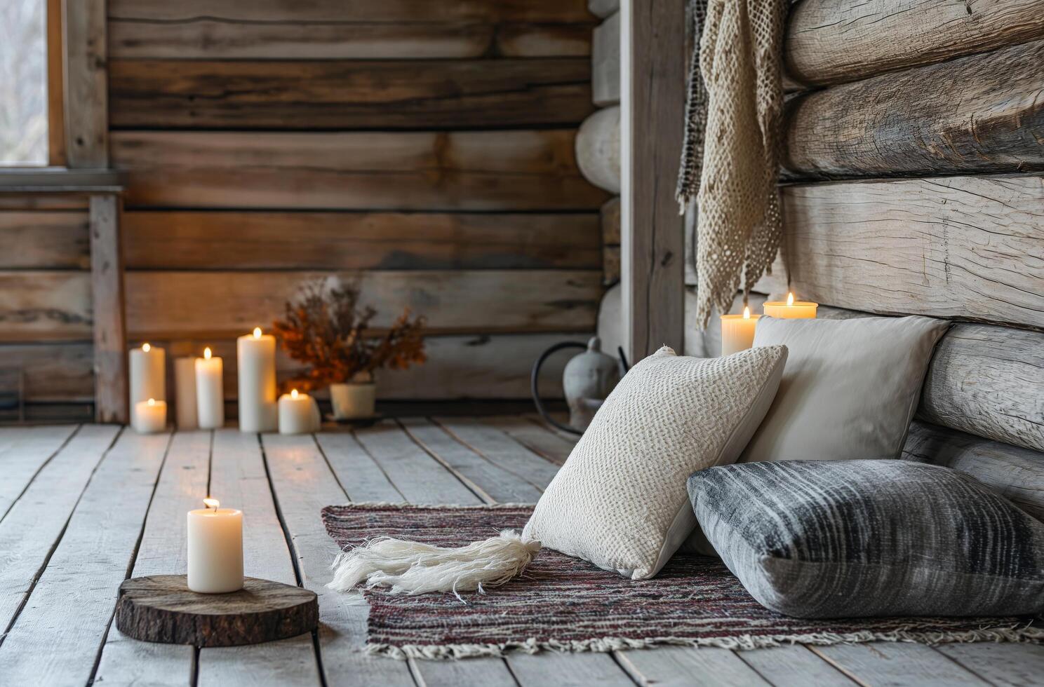 AI generated Candle burns in a rustic room photo