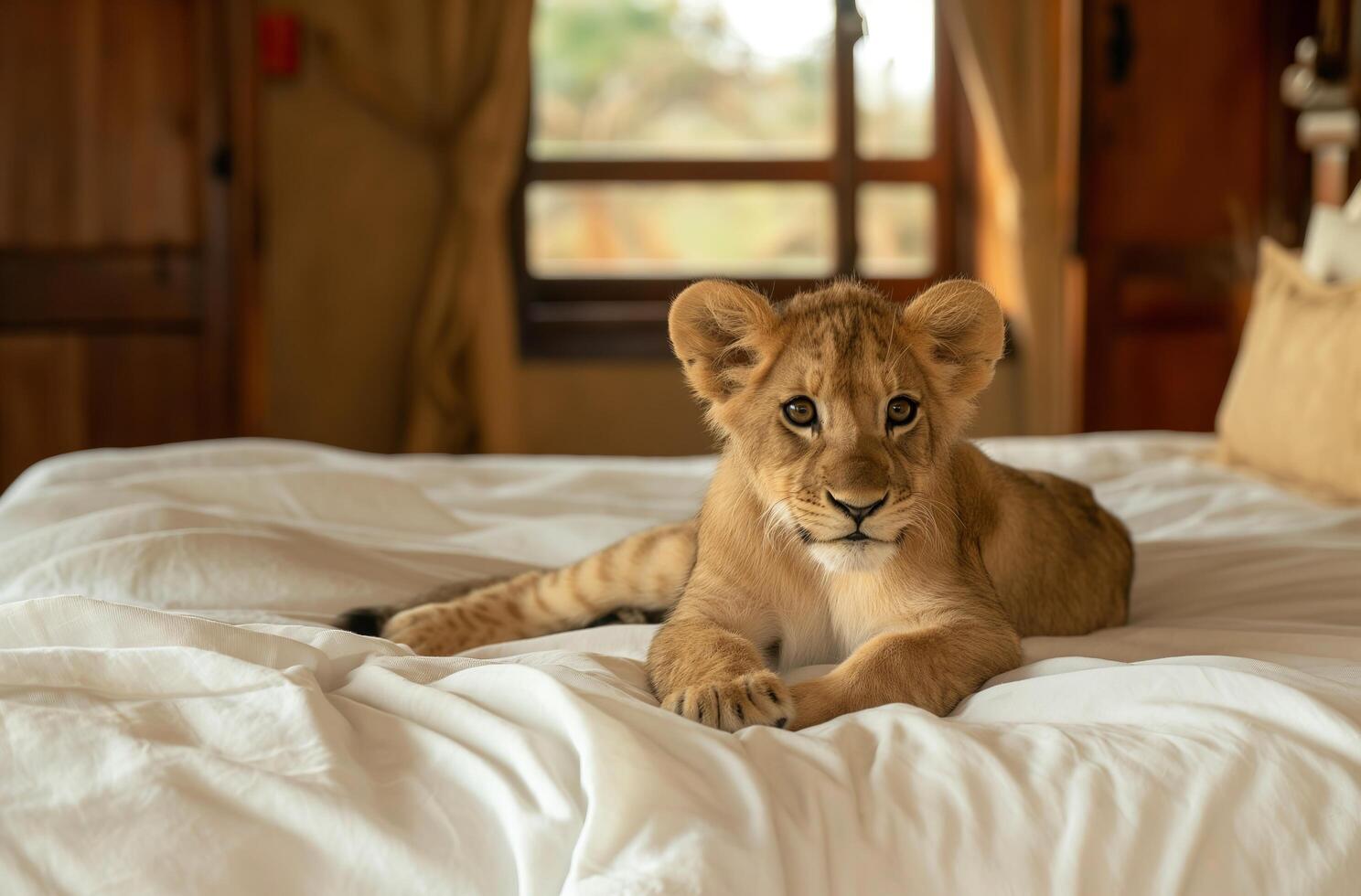 AI generated Lion cub resting on bed photo