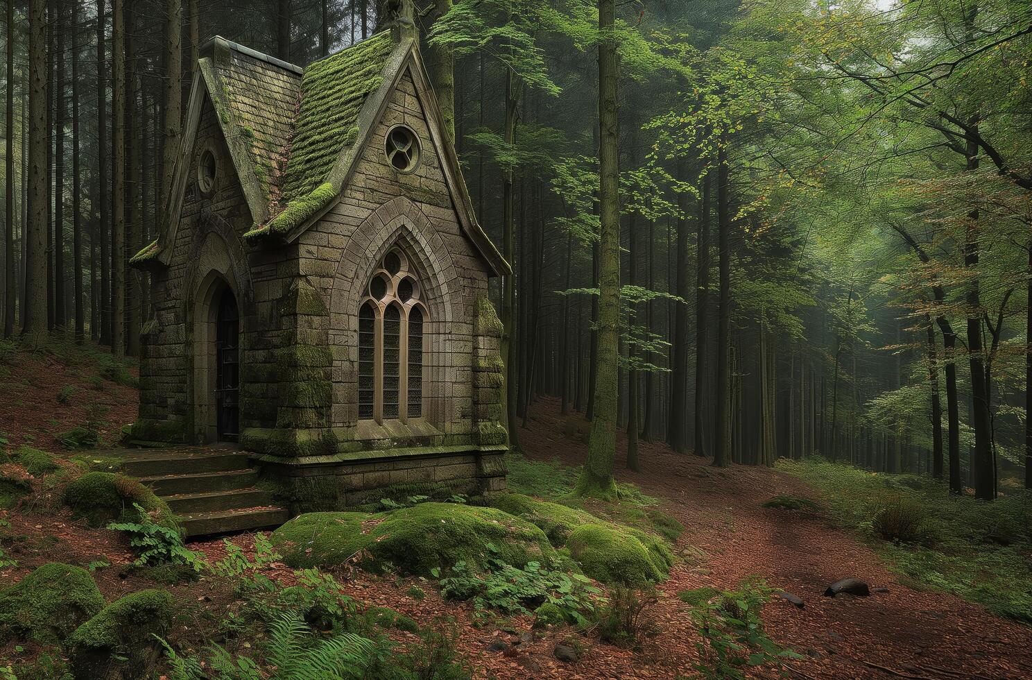 AI generated Moss covered chapel in woods photo