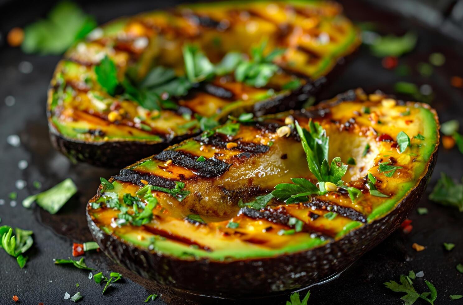 AI generated Grilled avocado halves photo