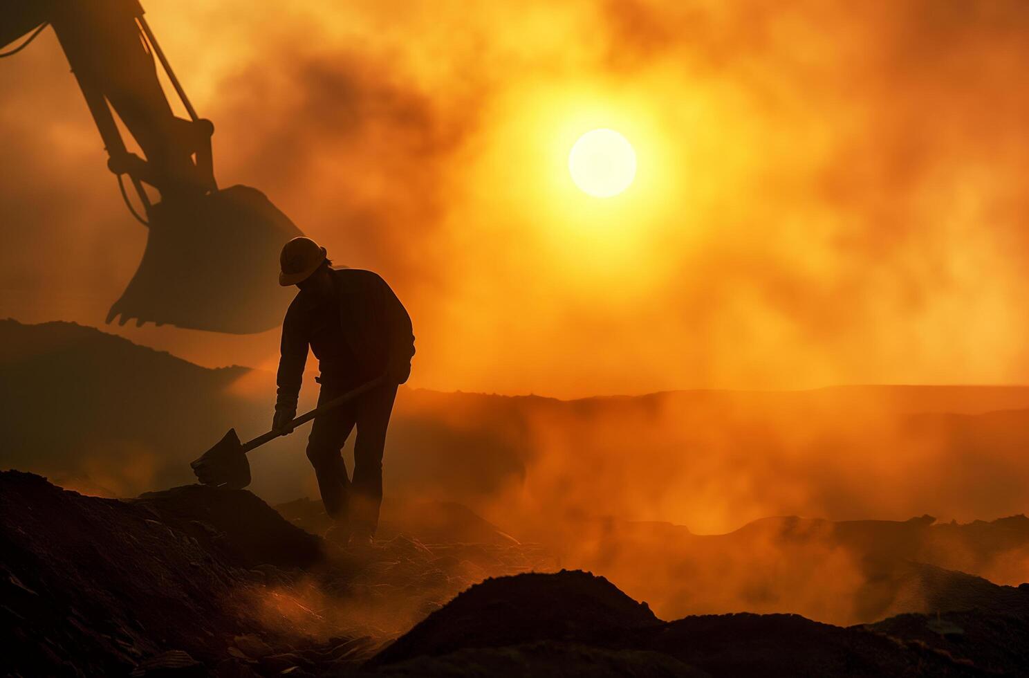 AI generated Silhouette of a miner at sunset photo