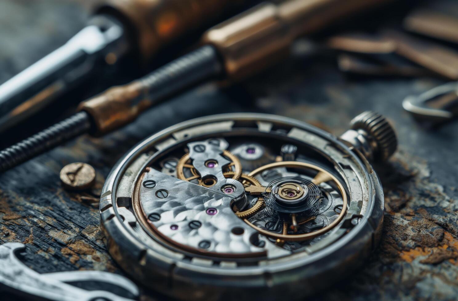 AI generated Watch mechanism on table photo
