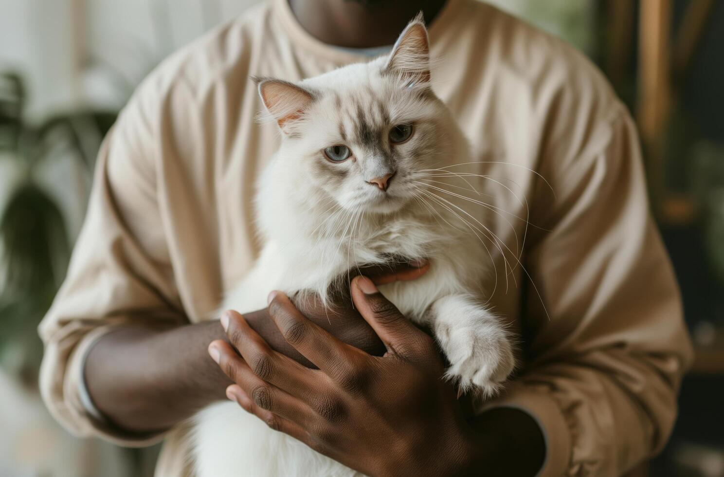 AI generated Man cradling white feline photo