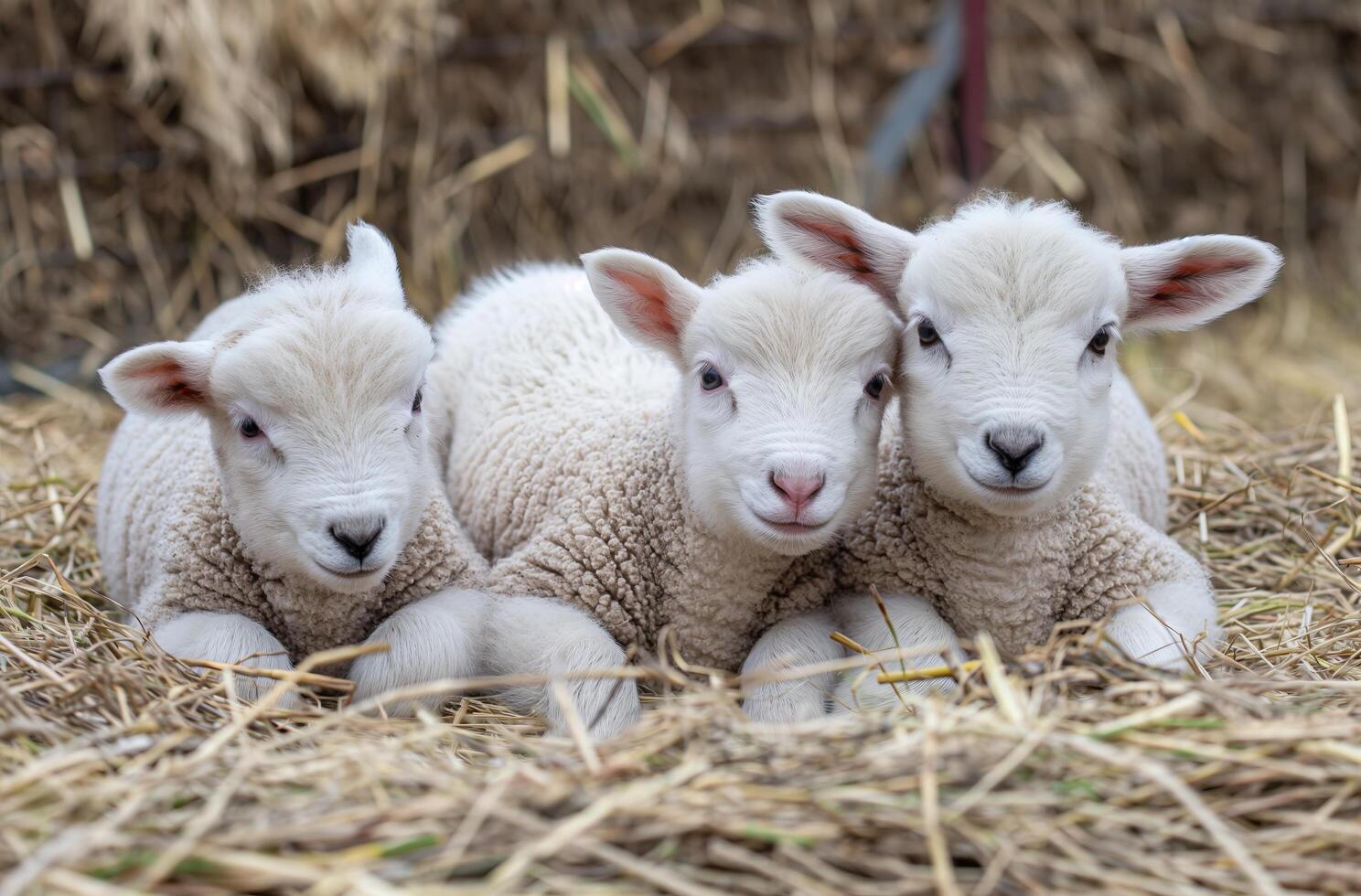 AI generated Triplets of lambs in straw photo