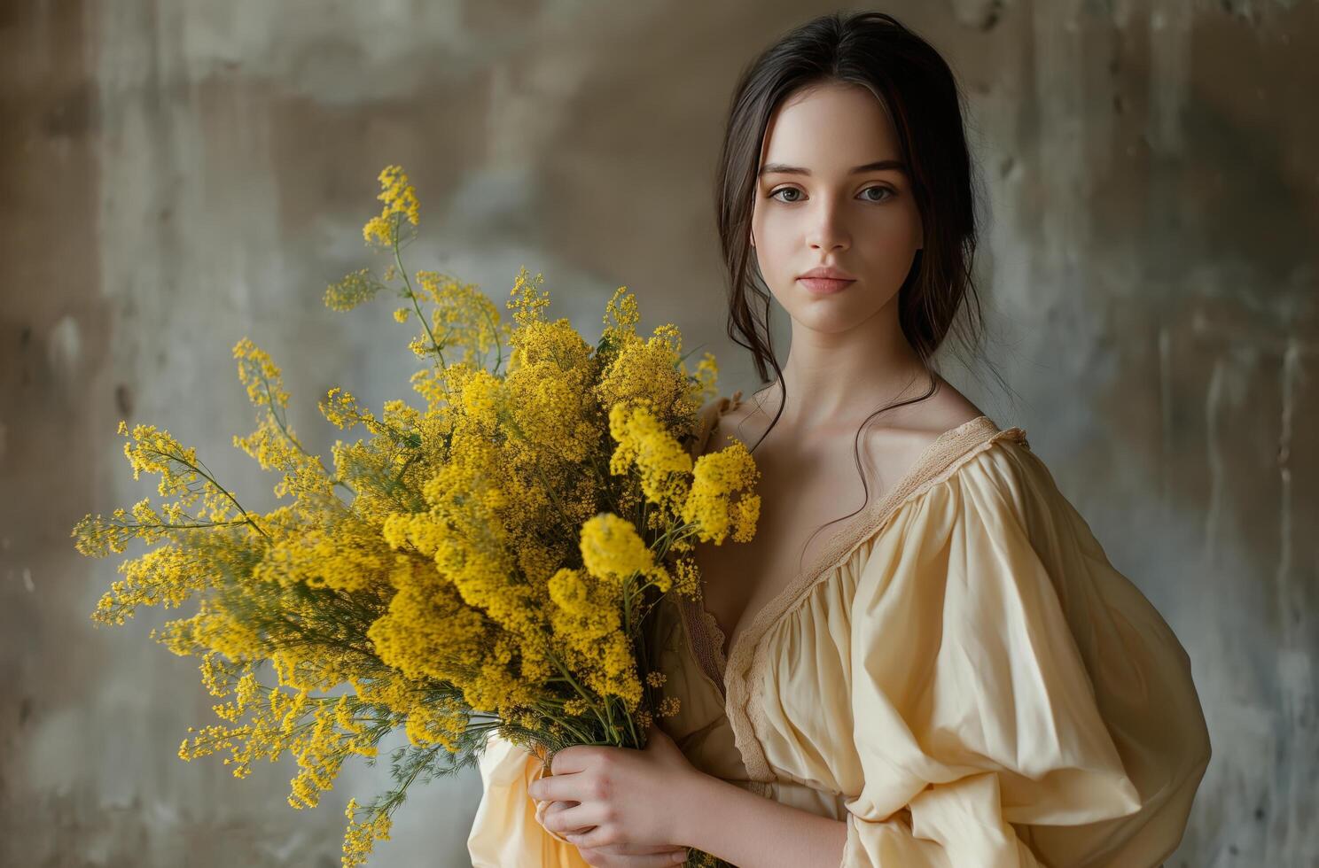 AI generated A girl with a bouquet of yellow mimosa photo