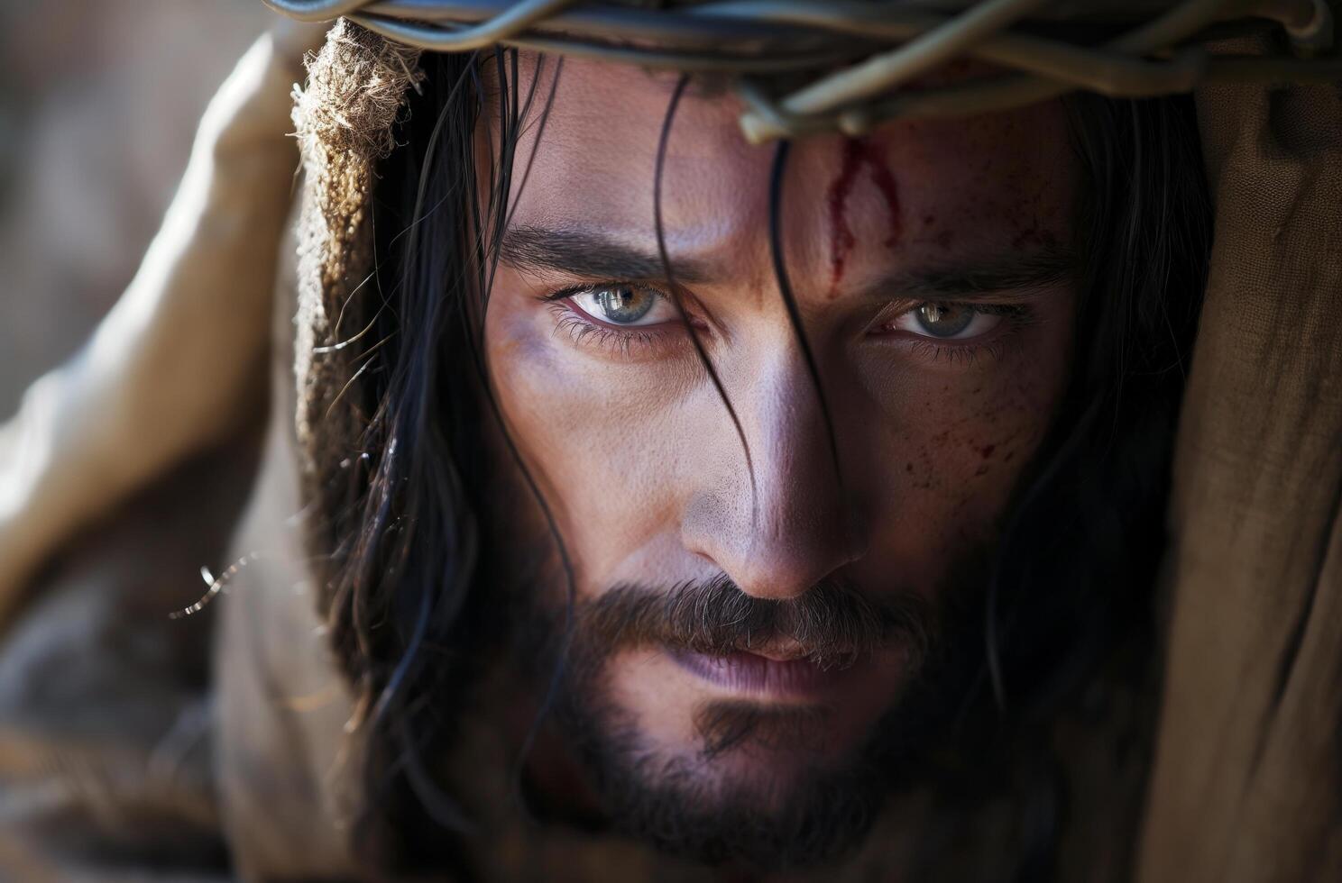 AI generated Jesus Christ with a concerned gaze photo