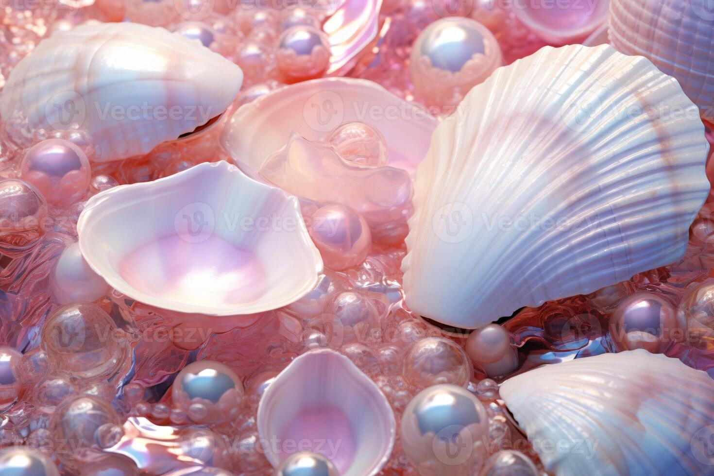 AI generated Holographic pearls and seashells background, Holographic Pearls and seashells Wallpaper, Holographic Pearls Background, Holographic Seashells Wallpaper, AI Generative photo