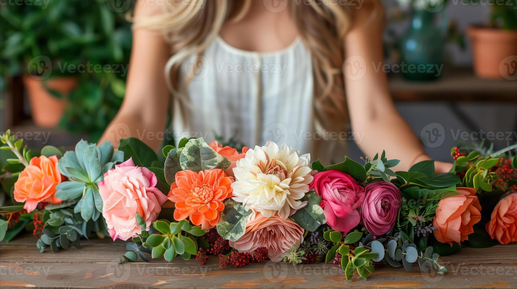 AI generated Crafting a vibrant flower crown in a creative workshop photo