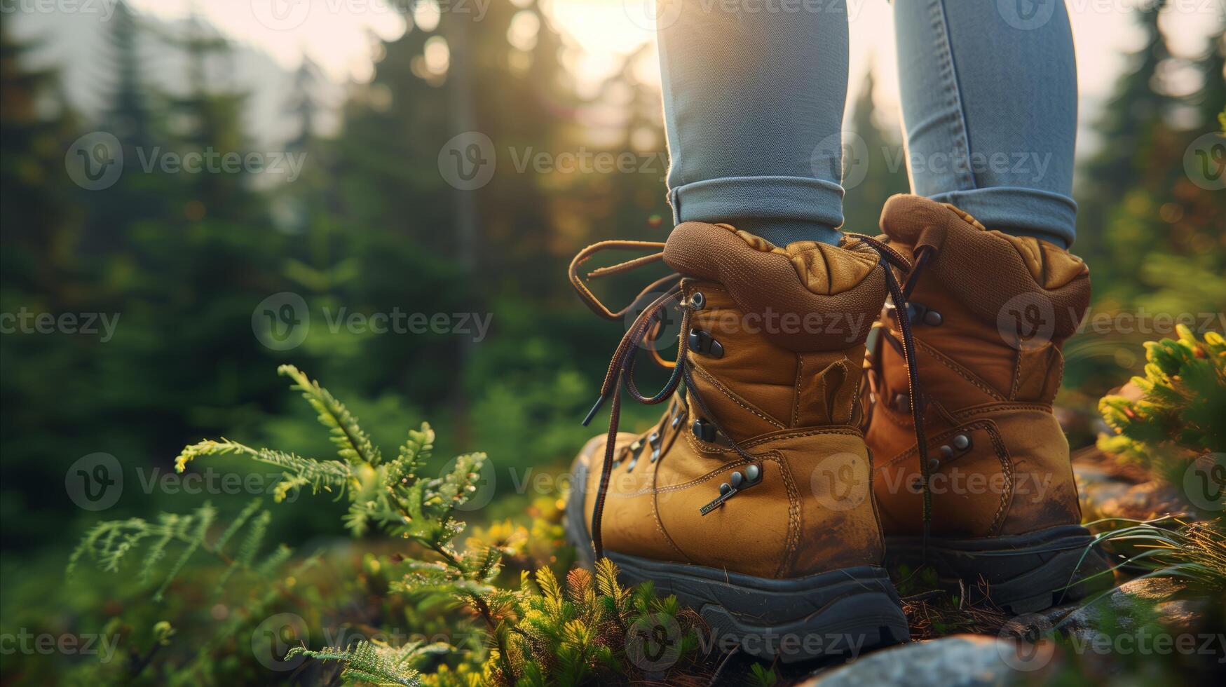 AI generated Hiking boots close-up in a mesmerizing forest at sunset photo