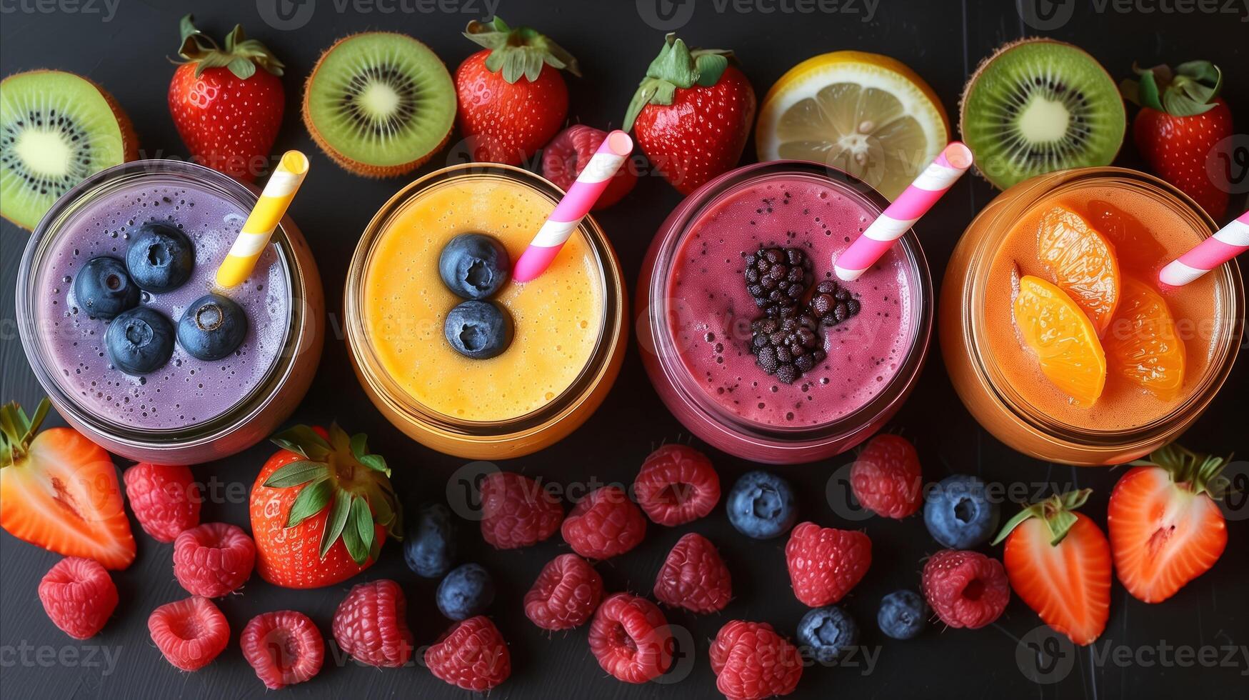 AI generated Assorted fresh fruit smoothies in a colorful display photo