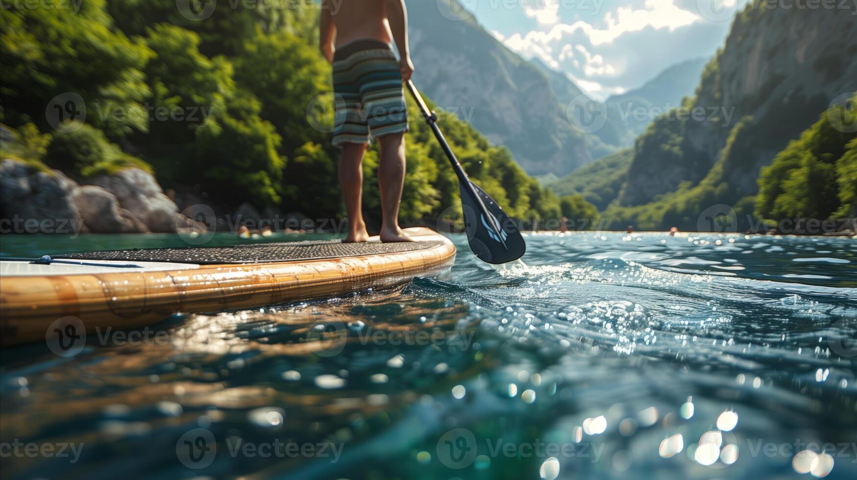 AI generated Man enjoys paddleboarding in serene mountain lake photo